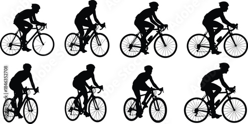 Set of cyclist silhouettes, road bike riders in motion, sport cycling illustration, athletic biker collection, outdoor bicycle activity graphic design