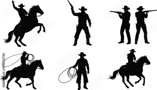Wild west cowboy silhouettes collection featuring gunslingers and horse riders isolated on white background, western action illustration vector set