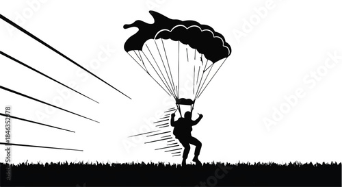 Skydiver landing safely with parachute against a bright sky