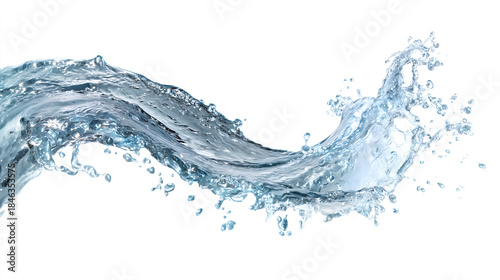 曲線を描いて飛び散る水しぶき、白背景