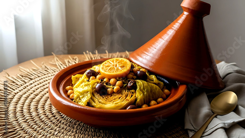 Still life, Rustic farmhouse. Moroccan mkalli (preserved lemon, olive, cabbage), with tender spiced cabbage, chickpeas, preserved lemons, in a traditional tagine 