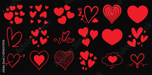 Red hearts collection in various styles black love symbols
