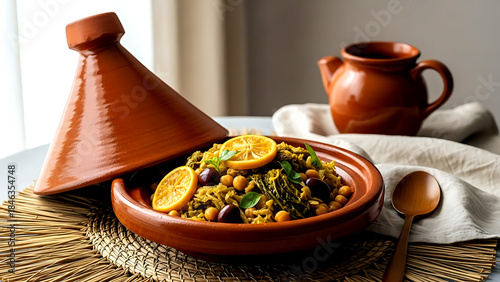 Still life, Rustic farmhouse. Moroccan mkalli (preserved lemon, olive, cabbage), with tender spiced cabbage, chickpeas, preserved lemons, in a traditional tagine 