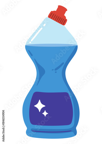 Blue liquid detergent bottle, of household chemicals, with label. Cleaning product supply for disinfection and dishwashing. Home care.