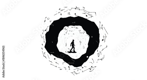 Lone figure walks towards a swirling vortex of stars and cosmic patterns.