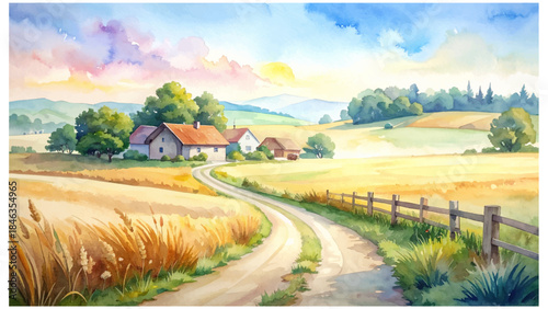 水彩風に描かれた穏やかな田舎の風景