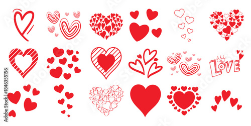 Variety of red heart shapes and love symbols in different styles and patterns hearts
