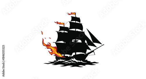 Dramatic silhouette of a burning sailing ship at sea, engulfed in flames against a stark white background.