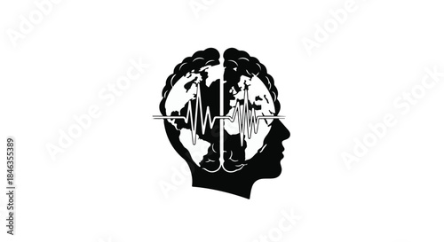 Abstract representation of global thoughts and consciousness within a human head silhouette
