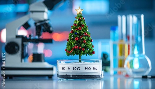Mini Christmas tree in petri dish labeled “Ho ho ho ho” on lab table with microscope and colorful liquids.