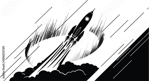 Retro rocket blasting off with fiery exhaust against a stylized starry background