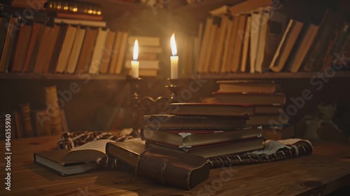 A Warm, Dimly Lit Library Desk Covered With Stacks of Old Leather-Bound Books and Candles