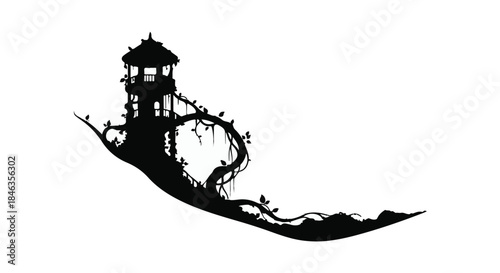 Mysterious silhouette of a serene pagoda nestled amongst whimsical trees and organic shapes on a white background.