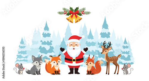 Santa Claus stands in a snowy forest clearing surrounded by friendly woodland animals including foxes a reindeer mice a squirrel and a bell display overhead.