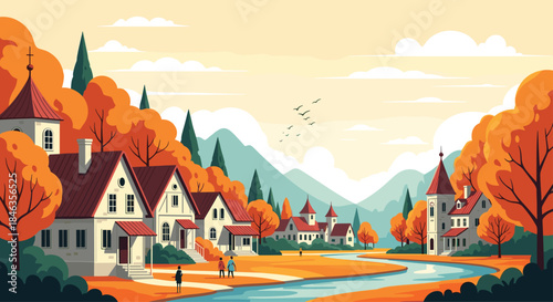 Autumn village by a winding river with colorful trees and distant mountains creates a peaceful scenic landscape bathed in warm light.