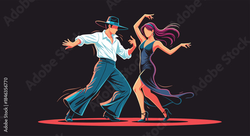 Elegant couple performs a dramatic ballroom dance under a red spotlight with stylish outfits and fluid movements across a dark stage.