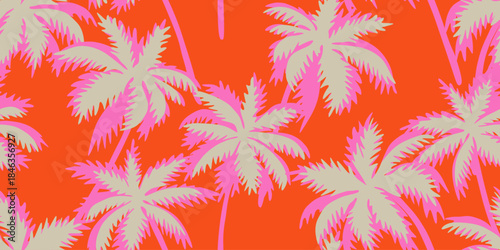 Tropical seamless pattern with hand drawn palm trees. Hawaiian florals summer background for fabric, textiles, clothing, poster, cover, decoration, banner, wallpaper, interior. Vector illustration.