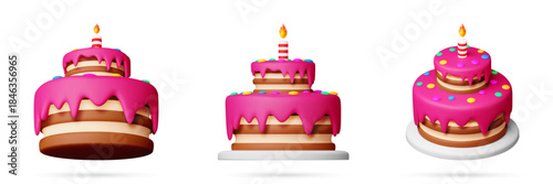 Three 3d cartoon birthday cake with pink cream and candle on top. Party celebration dessert for holiday greeting card. Creative rendering vector illustration