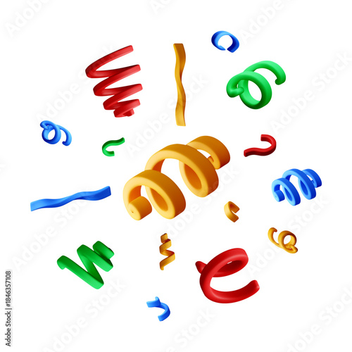 Colorful 3d ribbons and confetti falling, creating a festive background for celebration. Party streamer elements for birthday, Christmas, New Year designs. Vector illustration