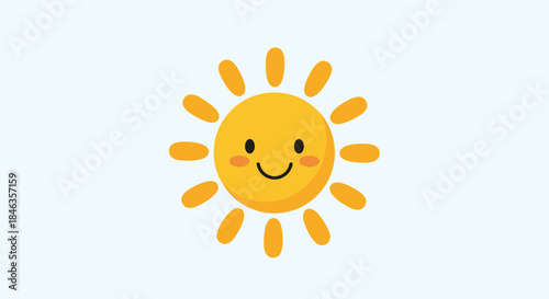 A cute, smiling cartoon sun with a happy face radiates warmth and joy against a simple, light blue background.