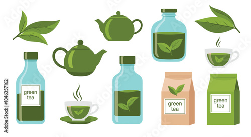 A collection of flat-design green tea illustrations, showcasing fresh leaves, traditional teapots, bottled tea, steaming cups, and retail packaging.