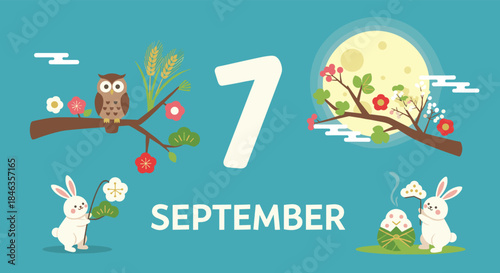 An adorable autumn illustration for September 7th, featuring an owl, bunnies, traditional Japanese flowers, a full moon, and dango, representing the harvest season.