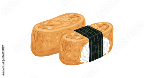 Two pieces of delicious Japanese Inari sushi, with sweet fried tofu pockets filled with seasoned rice, one wrapped with a strip of nori seaweed.