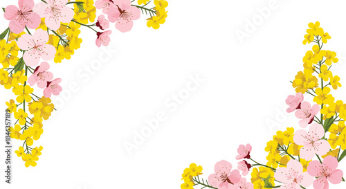 Decorative corner frame illustration with pink cherry blossoms and vibrant yellow rapeseed flowers on a clean white background.