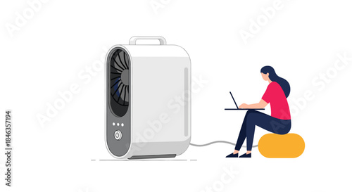A woman working remotely on her laptop, kept cool by a sleek portable fan, emphasizing comfort and productivity in a modern workspace.