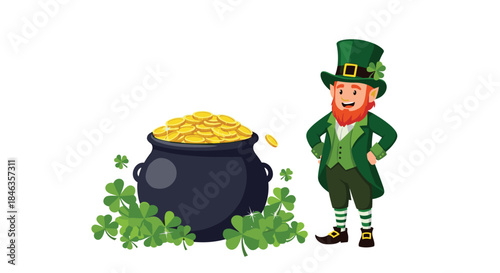 Leprechaun in a vivid green outfit stands beside a heavy pot of gleaming gold coins surrounded by clover leaves and festive greenery.