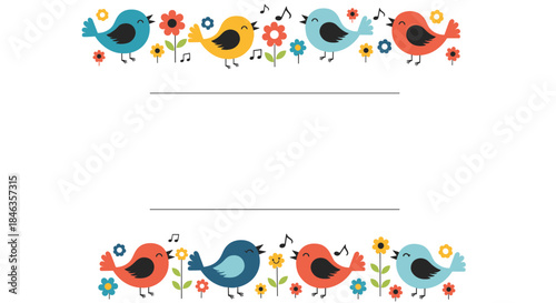 Colorful cartoon birds singing cheerfully amidst small flowers, forming decorative borders around a white background with space for text.