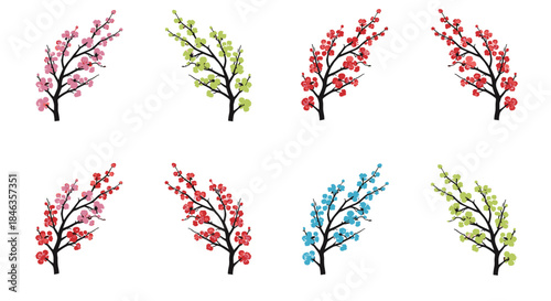 Eight colorful artistic cherry blossom branches with vibrant pink, red, green, and blue flowers, arranged on a clean white background.