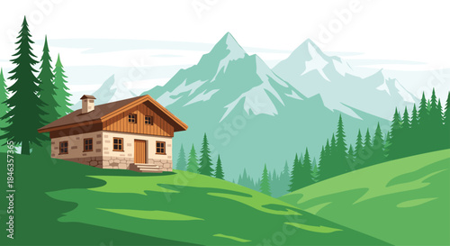 Charming wooden chalet tucked among green hills pine forests and towering alpine peaks under a clear blue sky in a peaceful rustic landscape.