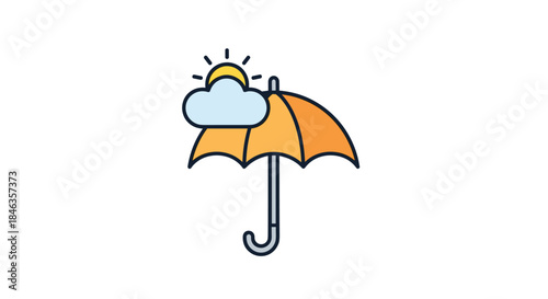 Colorful flat design icon depicting an orange umbrella with a sky blue cloud and yellow sun, symbolizing weather and preparedness for changing conditions.