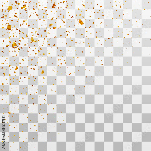 3D Golden confetti falling from above on a transparent background, celebration and party concept for New Year or Christmas event. Vector illustration