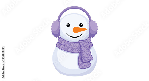 Snowman wearing purple earmuffs and scarf adds cozy winter charm to a cheerful holiday scene for kids and families during a festive winter day.