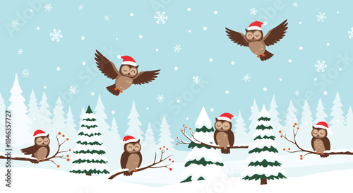 Playful winter forest scene showing wise owls wearing Santa hats perched on frosty branches beneath gently falling snow and evergreen trees.