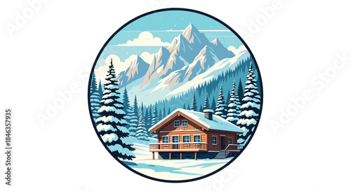 Snowy alpine cabin nestled among pine trees with distant jagged mountains under a clear blue sky creates a tranquil winter landscape.