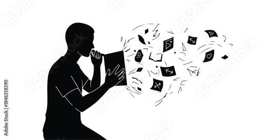 Silhouette of a person blowing ideas out of their head like confetti