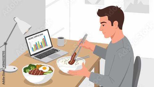Man Eating Breakfast at Desk with Laptop.