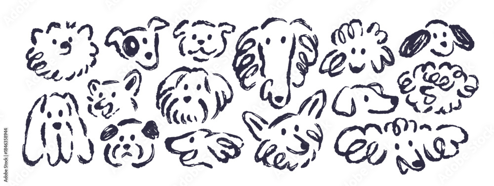 Obraz premium Dogs, charcoal sketch drawings set. Chalk scribbles, funny puppy heads. Outline hand-drawn line art doodles, cute canine animals in whimsical sketchy style. Creative handdrawn vector illustrations