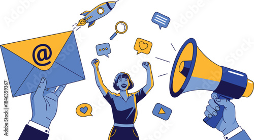 Digital marketing communication, successful email campaign management, and corporate business strategy data analysis vector illustration set.