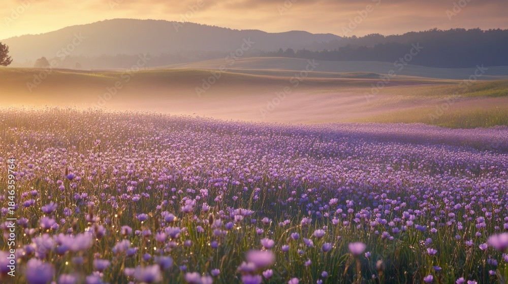 Fototapeta premium 110.A sprawling wildflower meadow covered in endless rows of soft, button-like purple Blazing Stars, bathed in the soft glow of morning light, with dewdrops glistening on the petals.