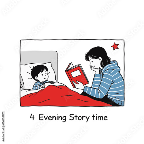 Mother reading bedtime story to son in bed. Evening routine vector illustration. Hand drawn cartoon style