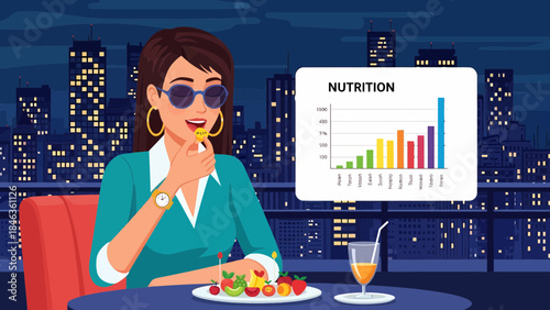 Woman Analyzing Nutrition Chart at Dinner Table.