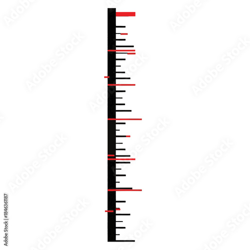 Vertical grunge ruler illustration. Hand drawn height measurement chart with black and red marks. Baby growth scale vector design isolated on transparent background