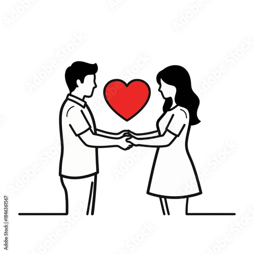A minimalist line art illustration of a couple in love. Man and woman holding hands with a red heart symbol. Simple vector graphic for Valentine's Day