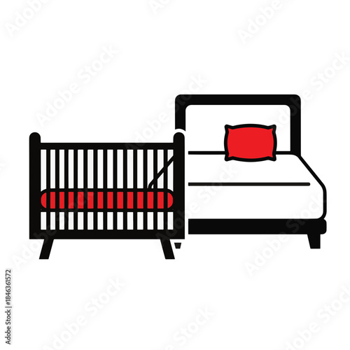 Co-sleeping icon showing a baby crib next to a bed. Minimalist flat design vector illustration. Nursery furniture and family bedroom concept graphic.