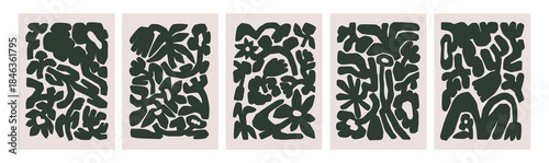 Modern abstract floral posters set. Whimsical rough flower silhouettes, conte...