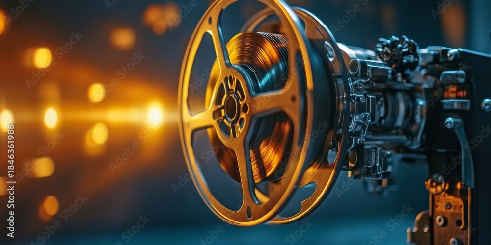 Obraz premium Film reel rotating on a projector in a cinema auditorium